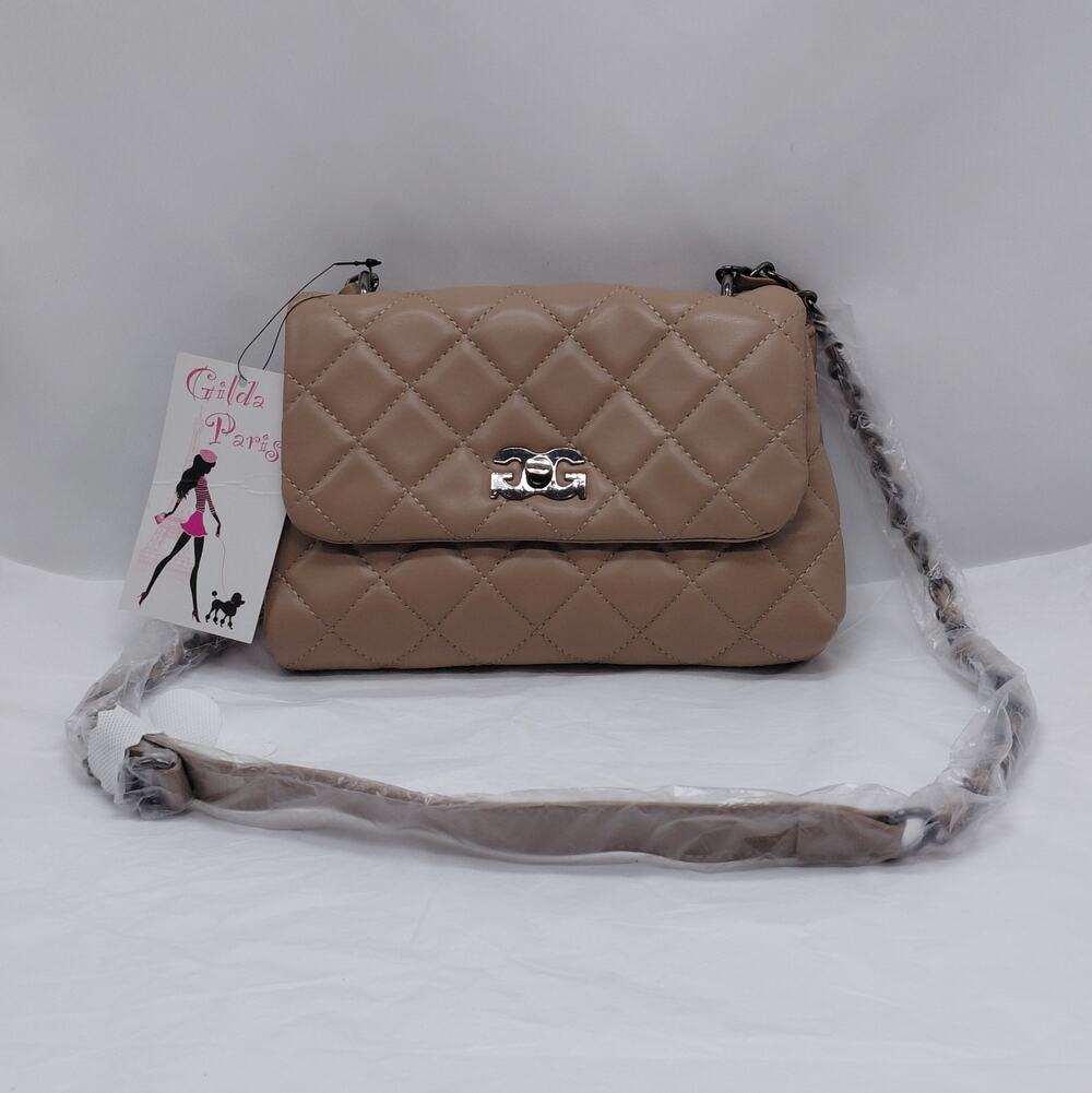 Gilda Paris Mini Quilted Messenger Bag Crossbody Shoulder Bag Taupe Party